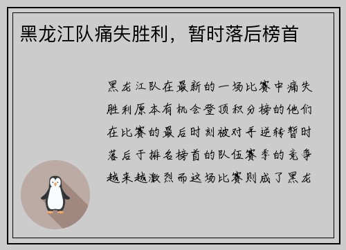 黑龙江队痛失胜利，暂时落后榜首