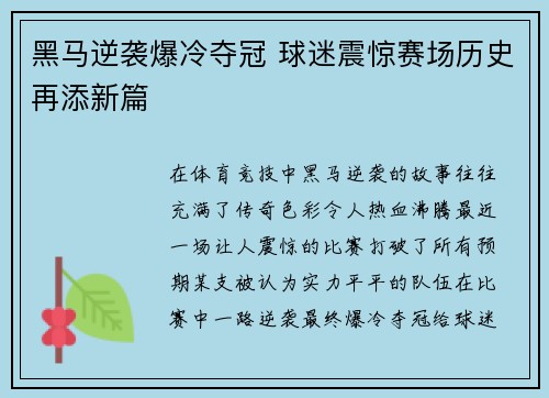 黑马逆袭爆冷夺冠 球迷震惊赛场历史再添新篇